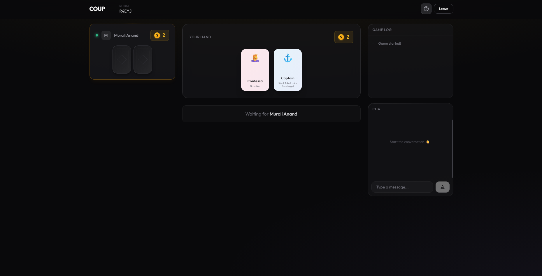 Multiplayer online adaptation of the Coup card game with real-time interactions and strategic gameplay. Coup Game