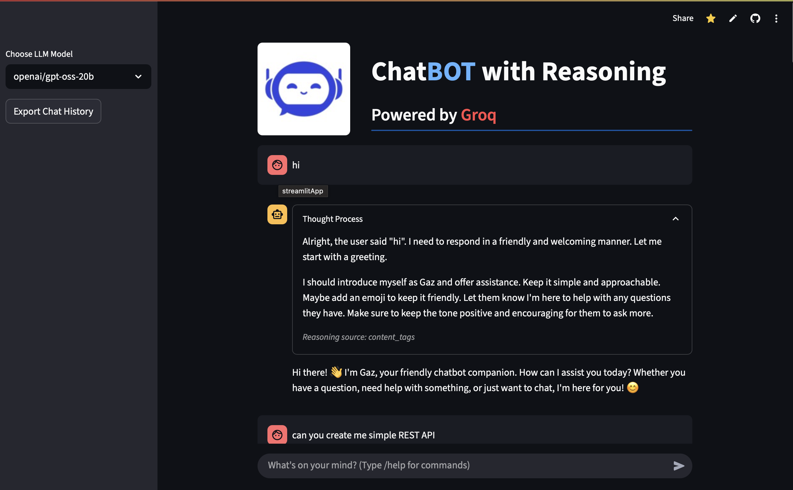 Interactive AI chat application with reasoning capabilities using Groq's openai-oss models. Streamlit Reasoning ChatBot using Groq